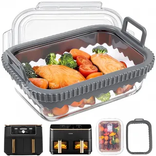 BYKITCHEN Glas-Auflaufform für Ninja/COSORI 2 kammern Airfryer | Heißluftfritteuse Zubehör für AF400EU, DZ400EU SL400EU,20,8x16,5cm,Borosilikatglas mit Deckel,abnehmbaren Silikongriffen,