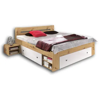 Stella Trading STEFAN Doppelbett Bettanlage 140 x 200 cm mit 2x Nachtkommoden - Schlafzimmer Komplett-Set in Artisan Eiche Optik, weiß - 145 x 86 x 204 cm (B/H/T)