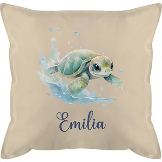 Kissen 50x50 - Schildkröte mit Name personalisiert I Zootiere I Panzertier - 50 x 50 cm - Beige Natur - Geschenke schildkröten Personal Turtle tiermotiv und schildkrötenmotiv personalierten