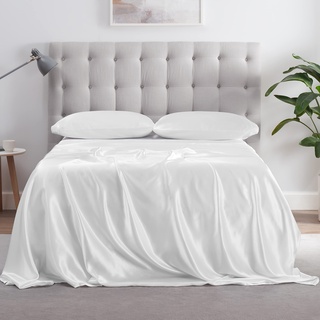 Serta SatinLuxury 4-teiliges Bettwäscheset aus weichem und leichtem Satin mit Kissenbezügen, Kingsize-Bett, Weiß