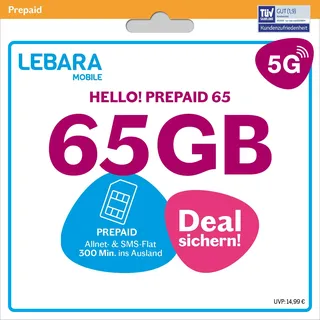 LEBARA Hello! 65 Prepaid SIM-Karte | Handy-Tarif ohne Vertrag | 65 GB inkl. 5G | Allnet Flat | 300 Minuten ins Ausland