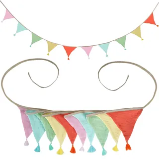 SUBTAVIK 10er Wimpelkette, Stoff, 3,15m, mit Quasten, Pastellfarben | Für Kinderzimmer, Geburtstage, Hochzeiten, Gartendekoration