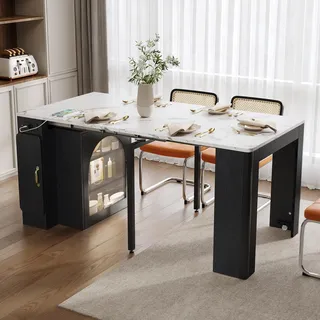 Merax Kücheninsel Freistehend mit ausziehbarer Arbeitsplatte Auf Rollen, Kücheninsel mit Stauraum, LED und Marmormuster, Steckdose, Esstisch, Sideboard, Bartisch für Küche und Esszimmer, Schwarz