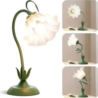 AoLa Blume Tischlampe Grün, E27 Landhausstil Nachttischlampe mit Schalter lnnen Metall Tischleuchte Drehbar mit Kabel und Stecker Schreibtischlampe aus Acryl, für Schlafzimmer Wohnzimmer Büro