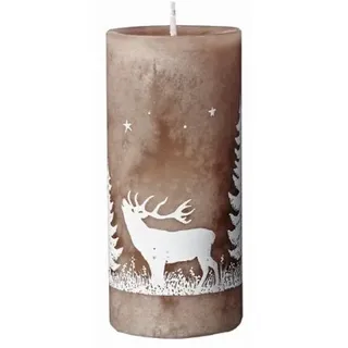 Weihnachtskerzen Foresta mit Hirsch durchgefärbte Stumpen Kerzen 12 x 5,5 cm Taupe
