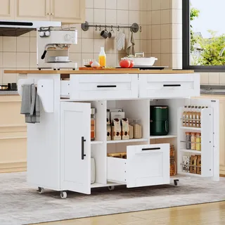 LVHOM Küchenwagen Küchenschrank, 360°drehbare,feststellbare Rollen,bewegliches Sideboard, (120×71×90cm, drei Schubladen+fünf Einlegeböden, geschlossene und offene Fächer, Handtuchhalter an einer Seite, klappbare Arbeitsplattenablagen, können als Bar genutzt werden), robust und langlebig, bis zu 50kg, für Küchen, Restaurant,Home-Office weiß