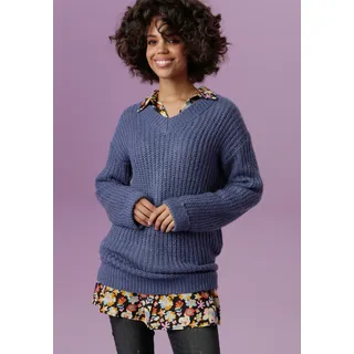 Longpullover ANISTON CASUAL Gr. 34, blau (blau, meliert) Damen Pullover Grobstrickpullover mit fixierten Umschlag an den langen Ärmeln