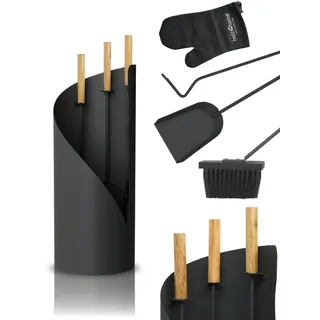 holz4home Kaminbesteck 5-tlg. Grauschwarz mit Holzgriff inkl. Ofenhandschuh