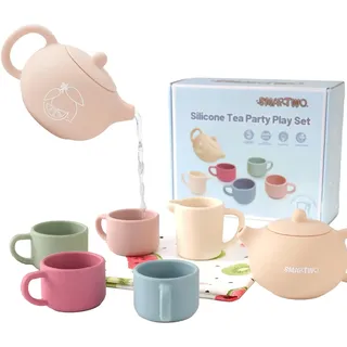 Smartwo Teeservice Kinder aus Silikon Lebensmittelecht Teeset mit 4 Tassen Kinderküche Spielküche Matschküche Zubehör Spielzeug für Teeparty Rollenspiel Geschenk für Mädchen ab 2 3 Jahre