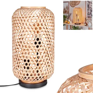 Tischleuchte Bauro, moderne Boho Tischlampe aus Metall/Bambus in Schwarz/Natur, Nachttischlampe mit Schirm in Gitter-Optik, An-/Ausschalter am Kabel und Lichteffekt, 2 x E27, ohne Leuchtmittel