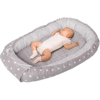 Medi Partners Babynest Nestchen für Neugeborene - 100x60x15 Babynestchen Baby zweiseitg Nest Bett 100% Baumwolle Minky Kuschelnest tragbar (graue Sternen mit graue Minky)