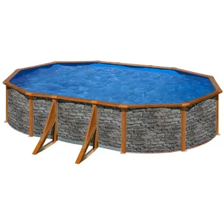 Stahlwandpool Gre GIANT Set oval 375x730x120cm stein/holz Folie blau Filter