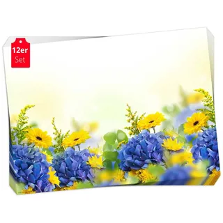 Tischsetmacher Platzset Tischset Frühling, Ostern & Blumen - Hortensien und Gerberas, (aus Naturpapier in Aufbewahrungsmappe für Feiern, 12-St., 44 x 32 cm / blau-gelb), Tischdeko Made in Germany bunt|gelb