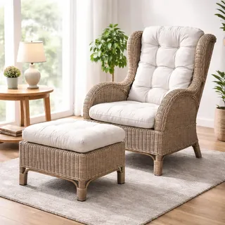 Mojawo Luxus Relaxsessel Korbsessel Ohrensessel mit Fußhocker aus Rattan, inkl. Polster in beige Gartensessel Rattansessel mit Hocker