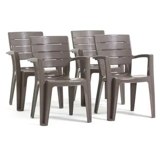 RATTATAN Set aus 4 einteiligen Stühlen aus Polypropylen mit Glasfaser, Holzoptik, stapelbar für Außen- und Gartenbereich, Bar und Restaurant – Anita – Taupe