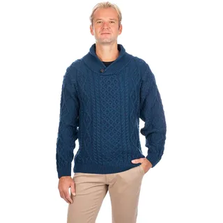 SAOL 100% Merinowolle Irisch Aran Schalkragen Pullover mit EIN Knopf für Herren, in Natur/Atlantikblau/Connemara Grün - L
