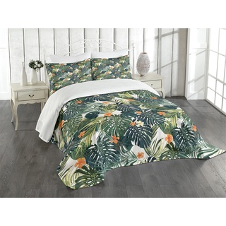 ABAKUHAUS Hawaii Tagesdecke Set, Bunte Polynesien Pflanze, Set mit Kissenbezügen Romantischer Stil, für Doppelbetten 220 x 220 cm, Fern Green Jade Grün Orange