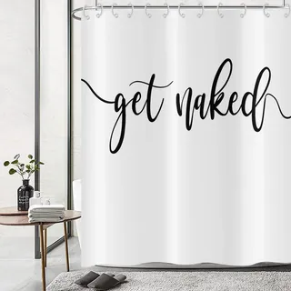 Hnmdmyi Duschvorhang Weiß 120x180, Schwarz Art Font Words Get Naked Duschvorhänge Funny Quotes Schöne und Coole Badewanne Vorhang Wasserdicht Polyester Stoff Waschbar Badevorhang mit Haken