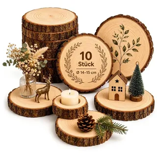 lindahandel Dekotablett Holzscheibe rund 14-15cm unbehandelt – Kiefer Naturholz (10 St), Baumscheibe ohne Loch für DIY, Deko & Hochzeit – 10mm stark beige