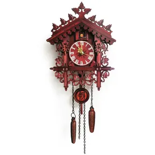 CHIMHOON Vintage Antik Wanduhr, Hausform Kuckucks Uhr, Holz Kuckucksuhr, Wanduhr mit Holzpendel Dekor, Braun Deko für Wohnzimmer, Hand Geschnitzt Und Bemalt Uhr