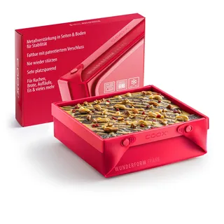 coox WUNDERFORM Frame SQ - die faltbare Kastenform mit Metallverstärkung - Backen & Servieren in Einem I Antihaft-Silikon I Spülmaschinenfest I Kein Stürzen I BPA-frei Rot