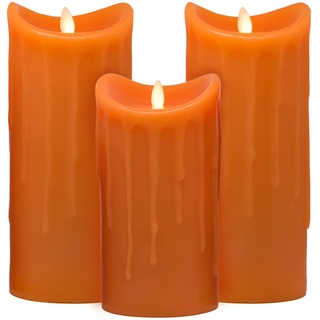 Tronje LED Echtwachskerzen 3er Set mit Timer - 18/23/23 cm Kerzen Orange Wachstropfen mit beweglicher Flamme