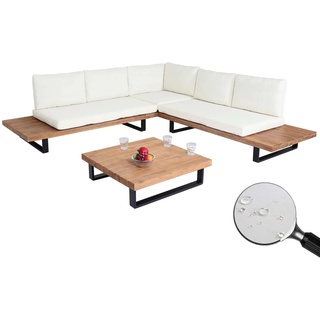 Garten-Garnitur MCW-H54, Garnitur Sitzgruppe Lounge-Set, Spun Poly Akazie Holz MVG Alu ~ hellbraun, Polster cremeweiß