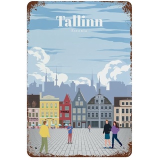 Metall-Blechschild, Stadtwandkunst, Vintage-Reiseposter, Blechschild „Reise nach Tallinn“, Vintage-Blechschild, Landhaus, Bar, Wanddekoration, Kunstposter