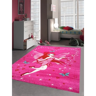 Kinderteppich Spielteppich Kinderzimmer Teppich Zauberfee mit Schmetterlinge Pink Creme Rot Türkis Größe 120 cm Rund