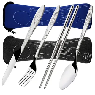 SENHAI 8-teiliges Besteck-Set, Messer, Gabel, Löffel, Essstäbchen, 2 Stück, rostfreies Edelstahl-Geschirr, Geschirr mit Tragetasche für Reisen, Camping, Picknick, Arbeit, Wandern