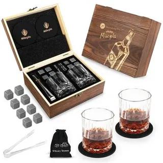 Whisky, Whisky Gläser Set, Whisky Steine Geschenkset | 8 Whiskey Steine & 2 Twisted Whisky Gläser & 2 Untersetzer, Geschenke für Männer