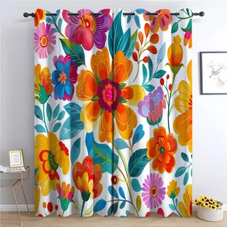 Vorhang Blickdicht Thermovorhang Mexikanischer Stil Blumen Muster Gardinen Wohnzimmer Vorhänge Kinderzimmer Geräuschreduzierung Dekoration für Schlafzimmer Wohnzimmer Küche Fenster Bunt 160 x 70 cm