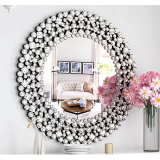 SHYFOY 86cm Spiegel Rund, Silber Runder Spiegel Groß Wandspiegel mit Kristallverzierungen für Badezimmer, Waschtisch, Wohnzimmer, Schlafzimmer, Eingang Wanddekoration