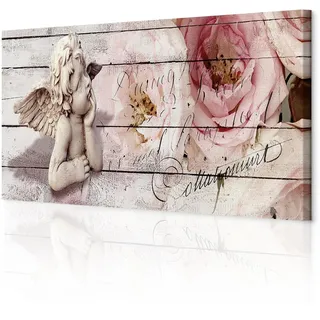 decomonkey Wandbilder Holz Blumen 120x40 cm 1 Teilig Leinwandbilder Engel | Strukturleinwand, Holzkeilrahmen, Bild auf Leinwand, Kunstdruck, Wanddeko, Wohnzimmer, Wanddekoration, Aufschrift, Rose, Rosa