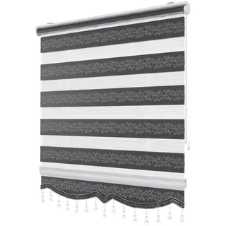 PlisseeOnline Doppelrollo Klemmfix ohne Bohren Schwarz Silber mit Muster und Perlen Duo Rollo für Fenster und Türen Plissee Rollo Gardine 60 x 150 cm Blickdicht Klemmrollo mit Perlen Seitenzugrollo