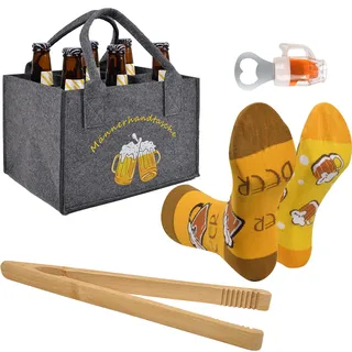 Männerhandtasche Bier Geschenke für Männer - 4 Stück Oktoberfest Geschenk | Männergeschenke mit Flaschentasche Bieröffner Socken Holz Grillzange, Lustig Geburtstagsgeschenk für Herren Freund Geburtstag