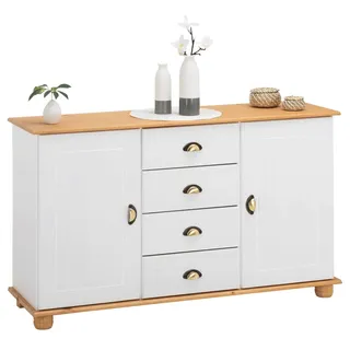 IDIMEX Sideboard Colmar, Weiß/Braun - Flurkommode im Landhausstil mit 4 Schubkästen und 2 Türen, Kiefer Massivholz, Muschelgriffe aus Metall, für Schlafzimmer oder Wohnzimmer