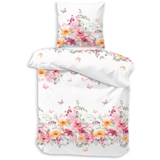 Träumschön Bettwäsche Premium 135x200 -80x80 cm aus Baumwolle, Sommerbettwäsche Blumen, Baumwolle, 2 teilig, mit Reißverschluss, luftig und leicht weiß