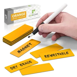 2DOBOARD Magnetstreifen beschreibbar - 7,5 cm x 2,5 cm Orange - 25 Stück - Magnetschilder zum beschriften – Für Kühlschrank, Whiteboard & Tafel - Magnetetiketten