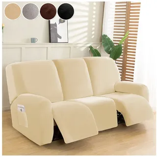 Rosnek Sesselschoner 8 tlg. Sesselbezug 3 Sitzer aus Samt Stretchhusse elastisch, Stretch sesselschoner mit armlehne, für relaxsessel und Fernsehsessel beige