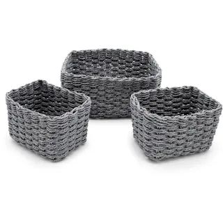 Deko Aufbewahrungs Körbchen in grau - 3er Set - Rattan Allzweck Flechtkorb aus Papier - Mehrzweck Rattankorb Bad Organizer stapelbar