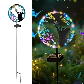 WRQIOO Solarstecker für Außen Garten, Solarleuchte Katze, Metall Solar Tiere für Außen Garten mit Schmetterling, Solar Gartenstecker, Gartendeko Solarlampen für Au-ßen Balkon Außenterrasse