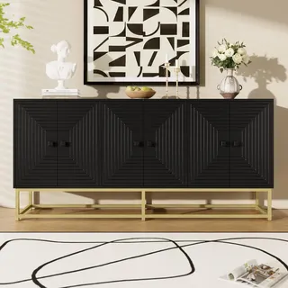 FammyLoft Sideboard-Schrank mit Großer Stauraum und 3 Doppeltüren, Wohnzimmerschränke mit Goldene Tischbeine, Aufbewahrungsschrank für Wohnzimmer, Esszimmer & Flur, 160 * 38 * 75,5cm, Schwarz