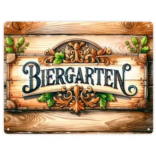 speecheese Biergarten Metallschild XXL in 28x38 cm Old-School Biergarten Metallschild XXL in 28x38 cm mit stilvollem Schriftzug rustikaler Charme auf hölzernem Hintergrund für gemütliche