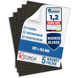 REORDA® Magnetfolie selbstklebend 5er Set - Magnetpapier mit starkem Marken-Kleber I Magnetplatte zuschneidbar für Kühlschrank, Tafeln & Poster - Magnetische Folie selbstklebend für's Basteln