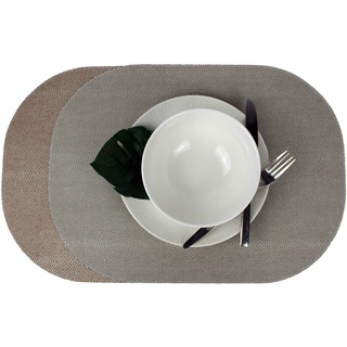 Tischset 6-er Set oval Rochenhaut Kunstleder zweifarbig grau & braun abwischbar 45 x 33 cm