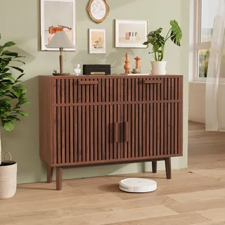 Rattan Sideboard Kommode mit 2 Schublanden und 2 Türen, 100x35x80 cm Küchenschrank, Aufbewahrungskommode, Rattan Sideboard Schrank Beistellschrank, kommode Schmal, Modern Schrank für Wohnzimmer
