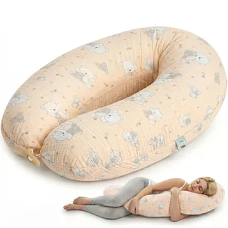 sei Design Stillkissen XXL 190x35 cm, Natur Kapok, Musselin Bezug aus Bio-Baumwolle, Schwangerschaftskissen, Füllmenge anpassbar, ergonomisch geprüft