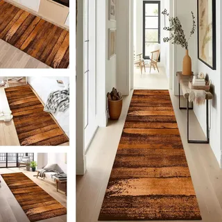 SUCERU Teppich Läufer Flur Küche rutschfest waschbar Teppichläufer Lang 70X330CM Braun Orange Modern Design Meterware Korridor Tepiche Esszimmer Schlafzimmer Wohnzimmer Schmutzfangmatte