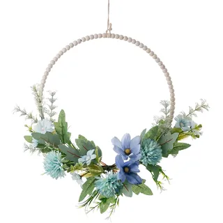 Türkranz Sommer, Künstliche Türkranz Kosmos Kamelie Kranz 40 cm/16 Zoll Grüner Türkranz Blauer Wandkranz Türkranz Ganzjährig für Haustür
